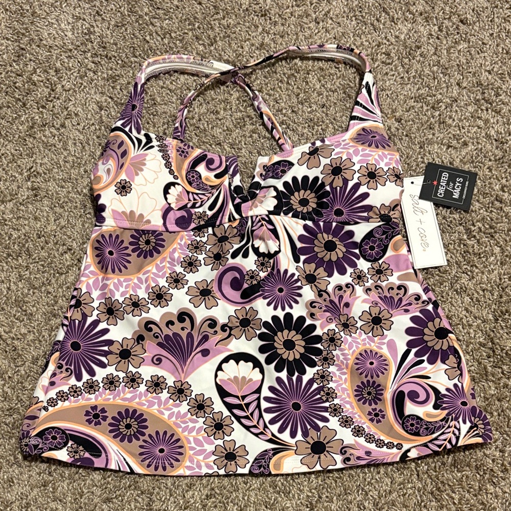 Floral Purple and White Women's swim Top nwt size small